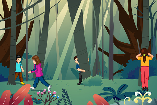 a cartoon illustration of children playing in a forest