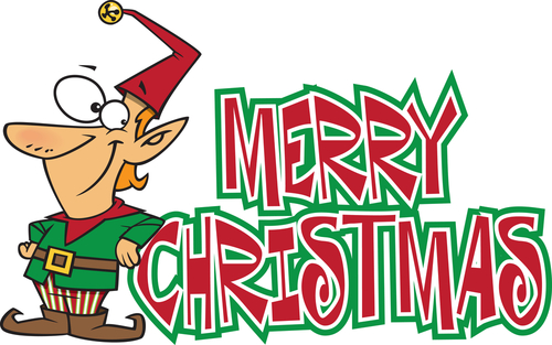 a merry Christmas logo with a cartoon elf on it